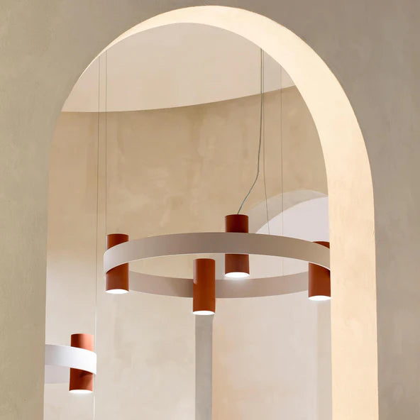 TOOY Nastro Chandelier - Greenish grey frame with terracotta cylinder