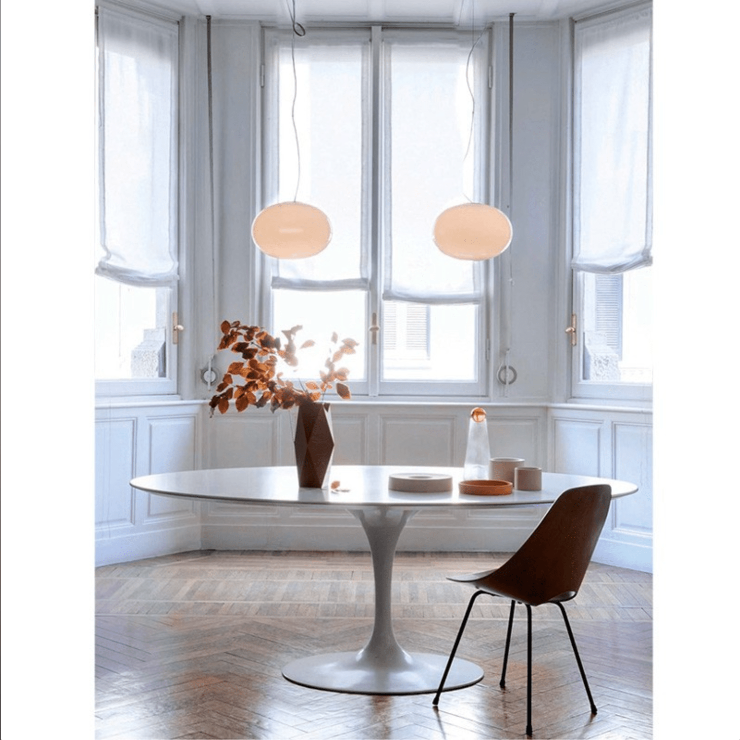 Oluce Alba 465 Pendant Lamp – Opaline Glass & Satin Brass.